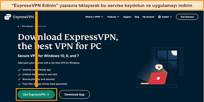 Get ExpressVPN düğmesinin vurgulandığı ExpressVPN web sitesinin ekran görüntüsü.