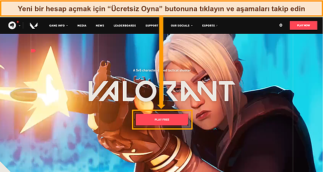 Valorant'ın Ücretsiz Oyna düğmesinin vurgulandığı web sitesinin ekran görüntüsü.