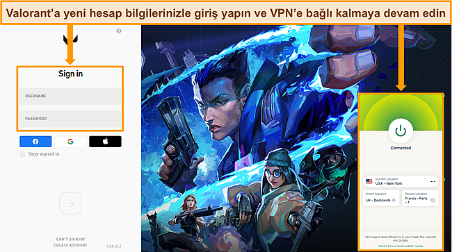 Bir ABD sunucusuna bağlı ExpressVPN ile Valorant'ın masaüstü uygulamasının ekran görüntüsü.