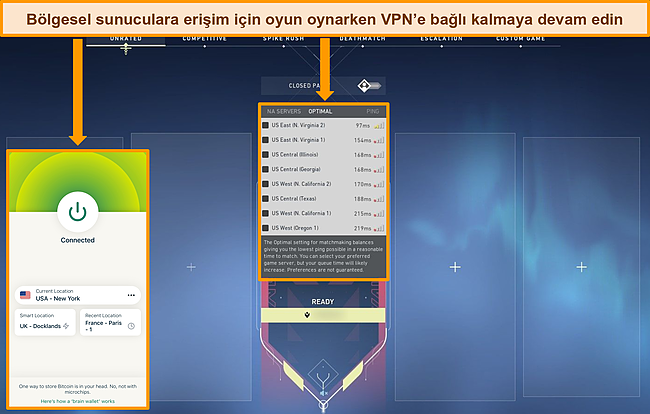 Kuzey Amerika sunucuları vurgulanmış ve bir ABD sunucusuna bağlı ExpressVPN ile Valorant uygulamasının ekran görüntüsü.