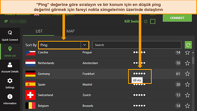 Windows uygulamasındaki IPVanish sunucu listesinin, ping'e göre sıralanmış sunucuları ve o bölgedeki mevcut en düşük gecikmeyi vurgulayan ekran görüntüsü.