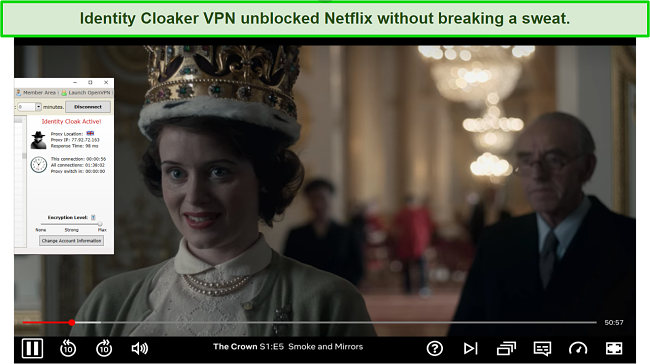 Screenshot of watching Netflix while connected to an Identity Cloaker server.