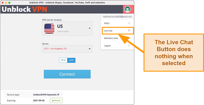 Screenshot of Unblock VPN live chat option on macOS app