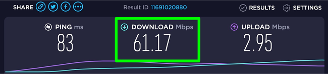 Screenshot of baseline speed test with no VPN connected