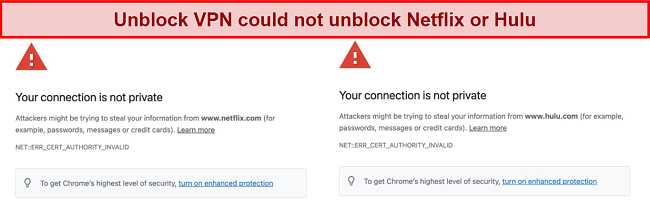 Screenshot of Netflix and Hulu error message while connected to Unblock VPN