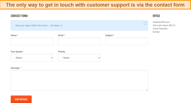 Screenshot of Unblock VPN contact form on website