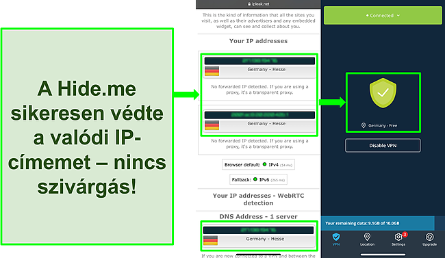 Képernyőkép az IP -szivárgási tesztről, amely a német helyeket mutatja, és a hide.me egy német szerverhez van csatlakoztatva.
