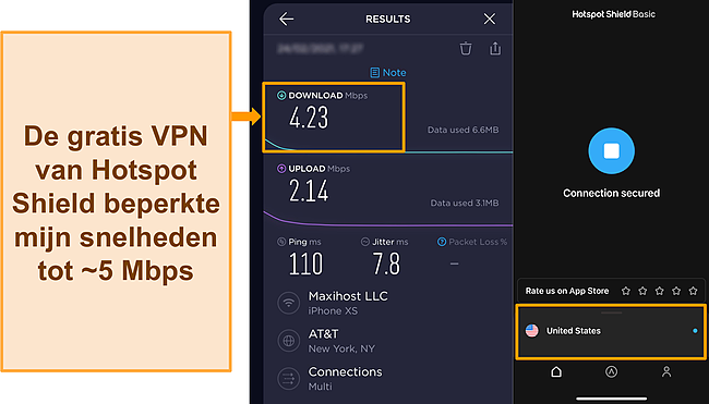 Screenshot van Ookla-snelheidstest met Hotspot Shield verbonden met een Amerikaanse server.