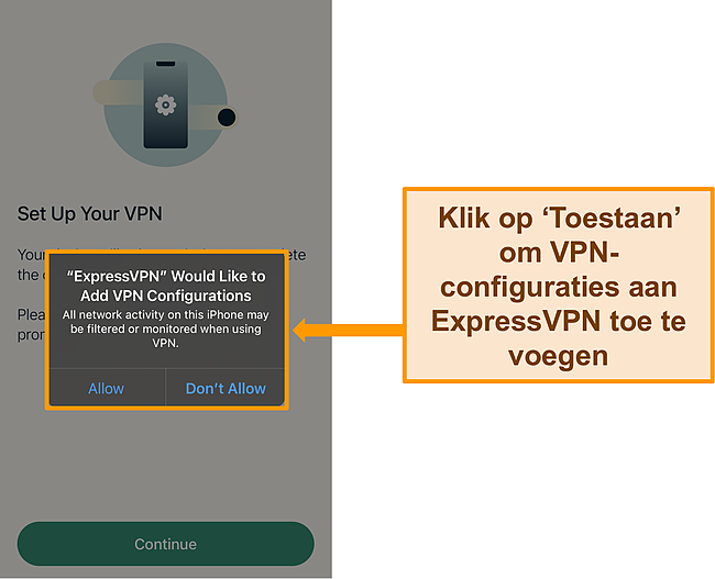 Screenshot van de iOS-app van ExpressVPN die toestemming vraagt om VPN-configuraties toe te staan.