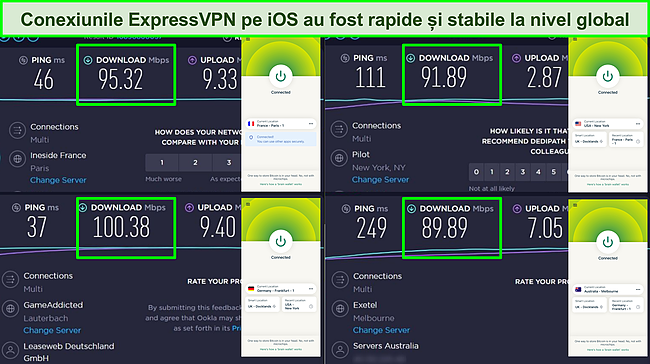 Captură de ecran a testului de viteză Ookla cu aplicația iOS ExpressVPN conectată la mai multe servere din întreaga lume.