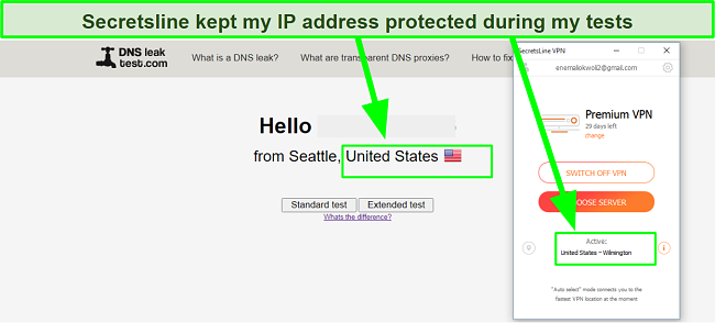 Screenshot of DNS Leak test with Secretsline VPN