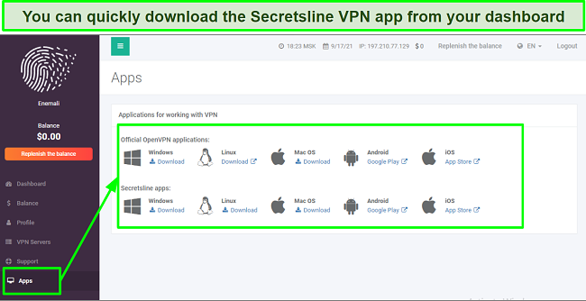 Screenshot of Secretsline VPN dashboard interface