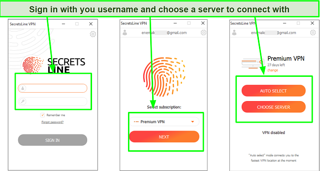 Screenshot of Secretsline VPN app interface