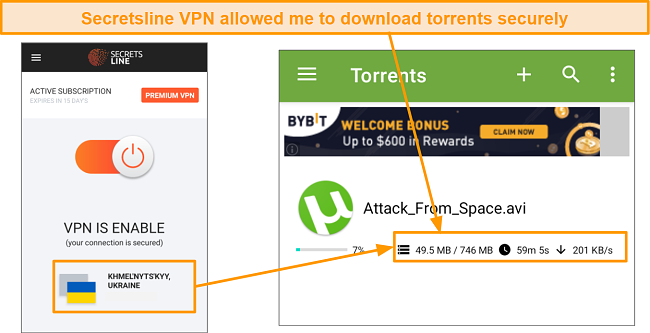 Screenshot downloading torrents with Secretsline VPN