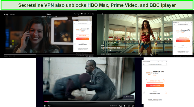 Screenshot of secretsline VPN unblocking popular streaming platforms