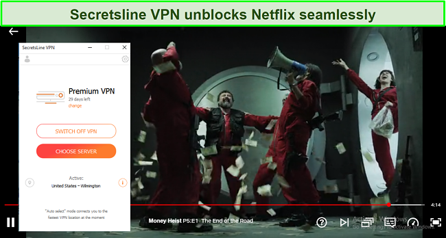 Screenshot of Secretsline VPN unblocking Netflix