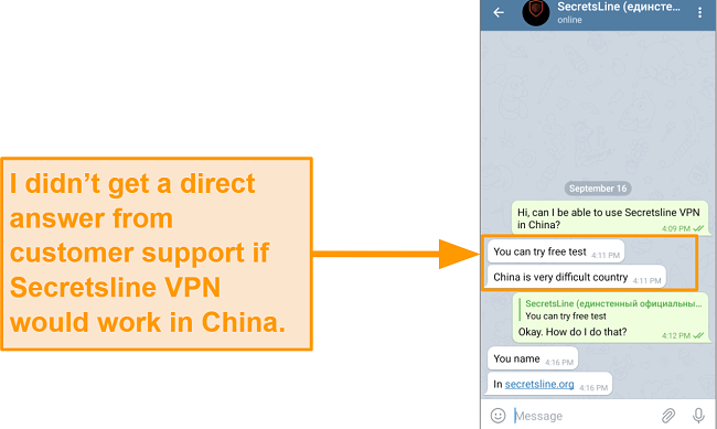 Screenshot of chat with support about the VPN working in China