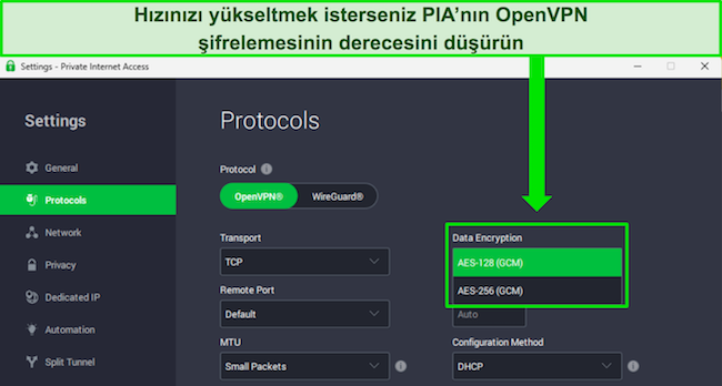 OpenVPN protokolüyle şifreleme düzeylerinin nasıl özelleştirileceğini gösteren PIA'nın Windows uygulamasının görüntüsü.