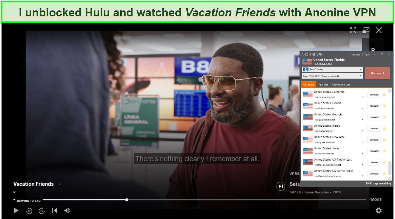 Screenshot of Anonine VPN unblocking Hulu