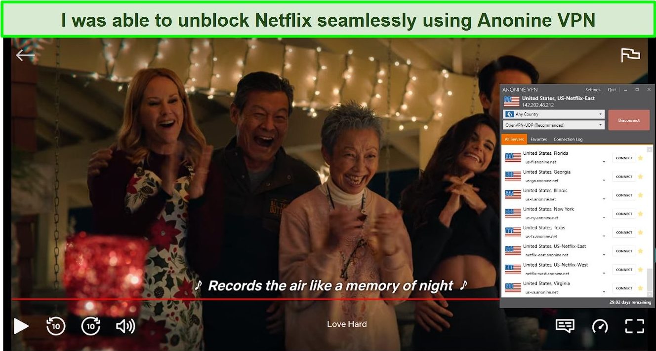 Screenshot of Anonine VPN unblocking US Netflix