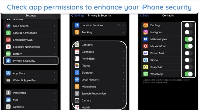 screenshots showing the process of checking app permissions on an iPhone