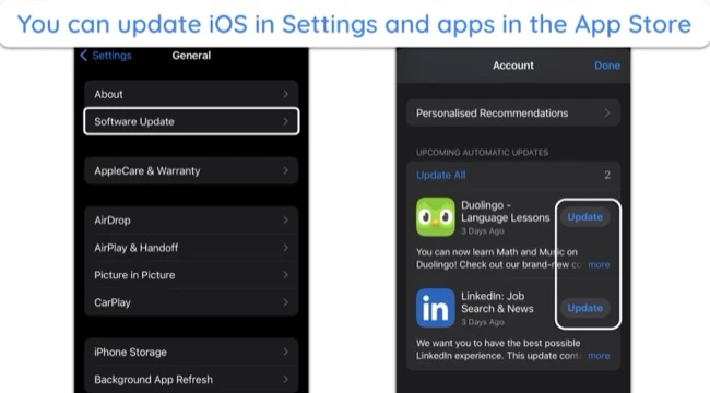 images of iPhone settings for updating iOS software and Apple apps.