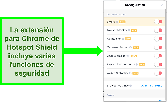 Captura de pantalla de los ajustes de configuración de la extensión de Chrome de Hotspot Shield.