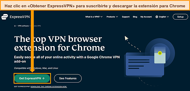 Captura de pantalla del sitio web de ExpressVPN con el botón 