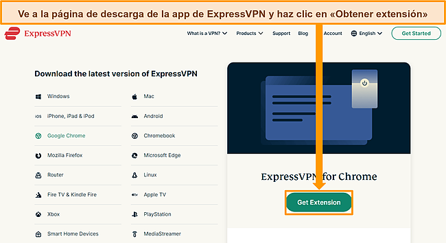 Captura de pantalla del sitio web de ExpressVPN que destaca un enlace a Chrome Web Store para descargar la extensión del navegador.