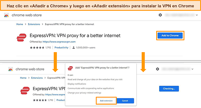 Captura de pantalla de Chrome Web Store que muestra el proceso de instalación de la extensión del navegador ExpressVPN Chrome.