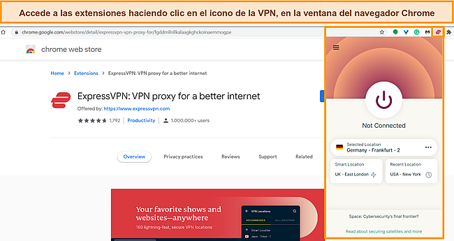 Captura de pantalla de la extensión del navegador de ExpressVPN abierta en el navegador Chrome.