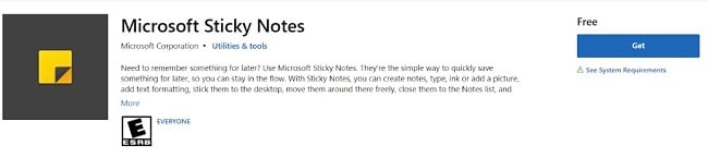 Microsoft Sticky Notes download page screenshot