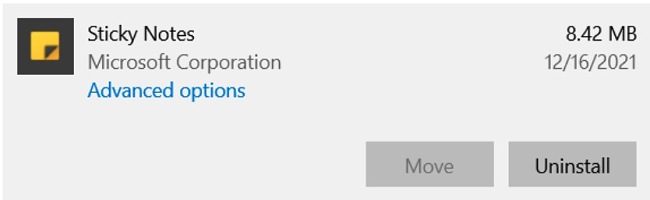 Microsoft Sticky Notes uninstall screenshot