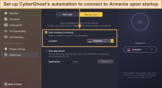 Screenshot of CyberGhost's Smart Rules screen to set up automations