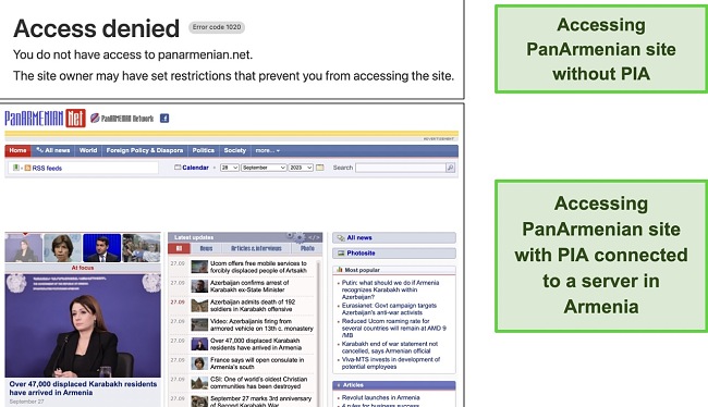 Screenshot of PIA accessing PanArmenian site while connected to a server in Armenia