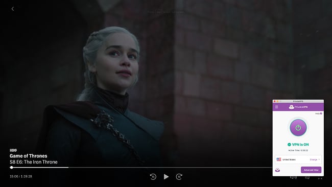 Screenshot of PrivateVPN connecting to a US server and unblocking the show Game of Thrones on HBO Max