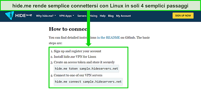Screenshot del sito Web di hide.me che descrive in dettaglio come connettersi alla VPN utilizzando Linux con una guida passo passo di base evidenziata.