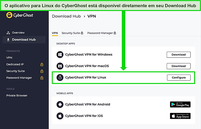 Captura de tela do CyberGhost Download Hub mostrando a opção de instalação do aplicativo Linux.