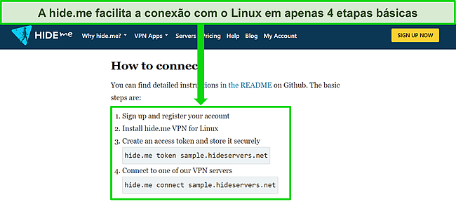 Captura de tela do site da hide.me detalhando como se conectar à VPN usando Linux com um guia passo a passo básico destacado.