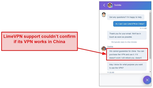 LimeVPN isn't guaranteed to work in China