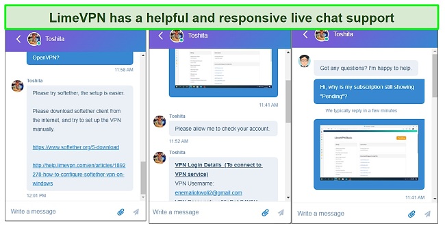 Screenshot of LimeVPN's livechat support