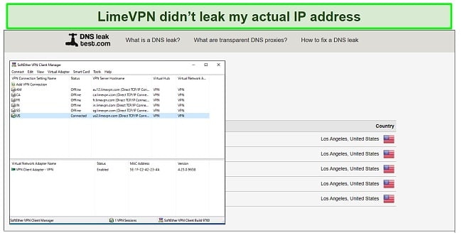 Screenshot of LimeVPN passing DNS leak tests