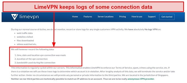 Screenshot of LimeVPN's privacy policy