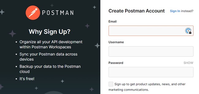 Postman register form screenshot