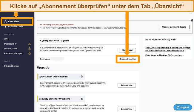 Screenshot, der die Abonnementoption eines CyberGhost-Schecks hervorhebt.