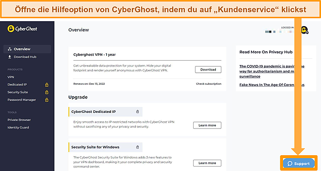 Screenshot, der die Kundensupport-Schaltfläche von CyberGhost hervorhebt.