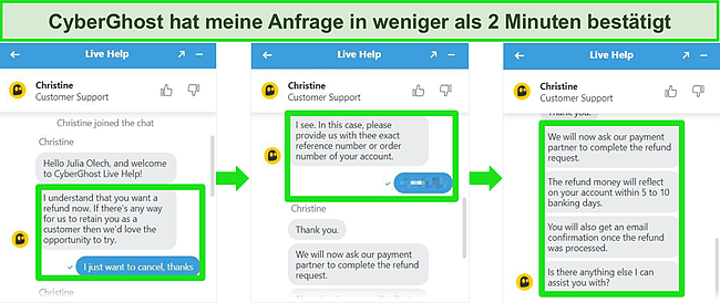 Screenshot eines Live-Chats mit einem CyberGhost-Agenten, der Nachrichten hervorhebt, die eine Rückerstattungsgenehmigung bestätigen.