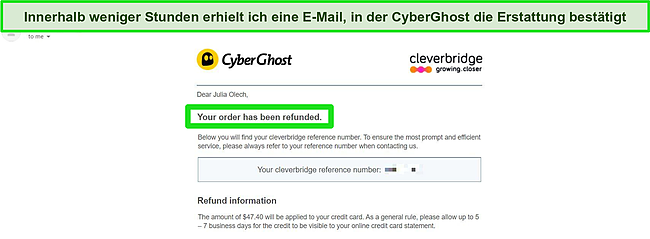 Screenshot der CyberGhost-Rückerstattungsbestätigungs-E-Mail.