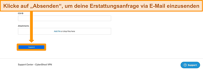 Screenshot, der hervorhebt, wie ein E-Mail-Ticket an CyberGhost gesendet wird.