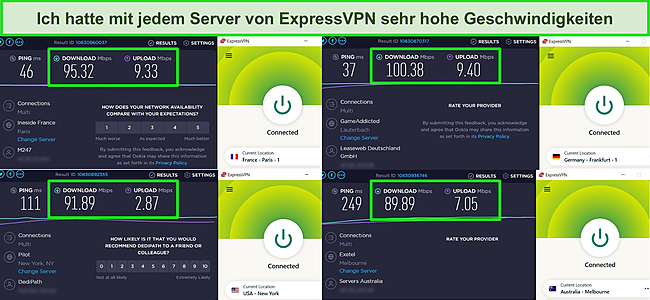 Screenshot von Geschwindigkeitstests, die auf 4 ExpressVPN-Servern durchgeführt wurden.